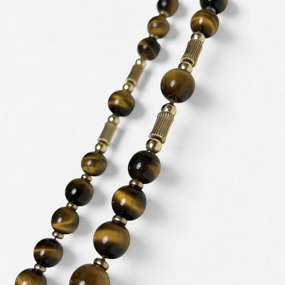 Tigers Eye Beaded Necklace Vintage Gold Tone Fluted Tube Spacers Retro 70s Boho - Picture 8 of 11